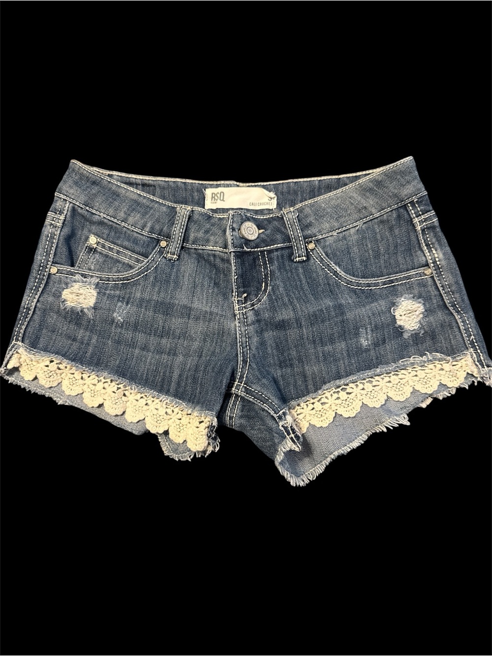 RSQ Women's Distressed Denim Shorts with Cream Crochet Trim - Blue